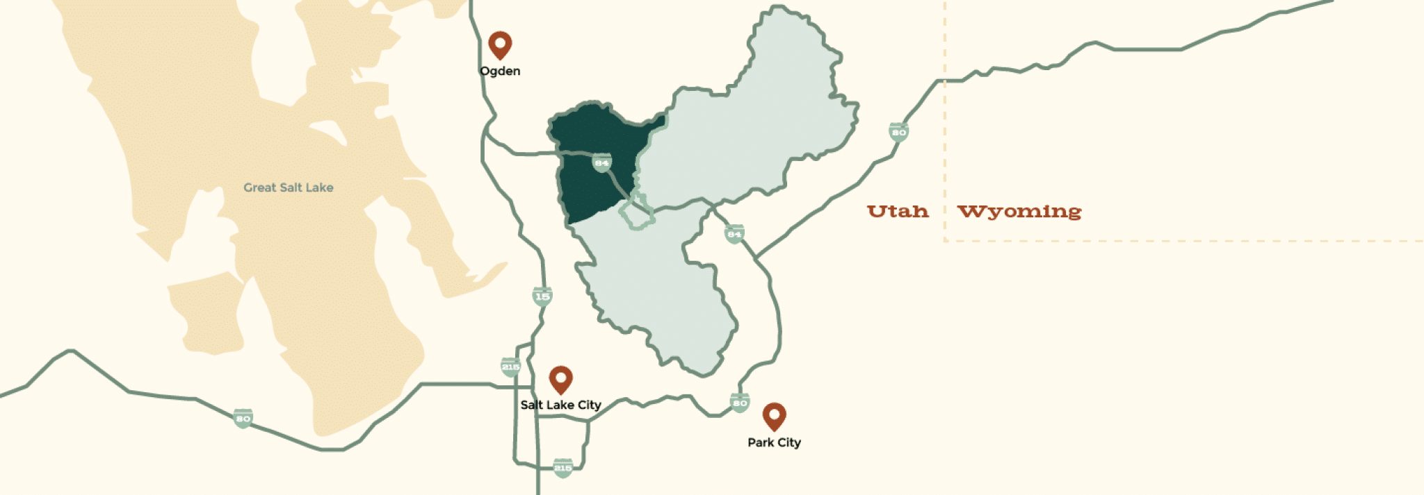Morgan Valley Location. A stylized map highlighting the states of Utah and Wyoming, with red location pins marking Ogden, Salt Lake City, and Park City in Utah. The Great Salt Lake is prominently featured in dark shading.