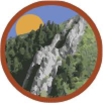 Northeast Region of Morgan Valley. A stylized badge or emblem featuring a mountain range with gray peaks, green forested hills, and a large yellow sun partially obscured by a mountain, all encircled by a thick brown border. The design evokes themes of outdoor adventure and nature tourism.