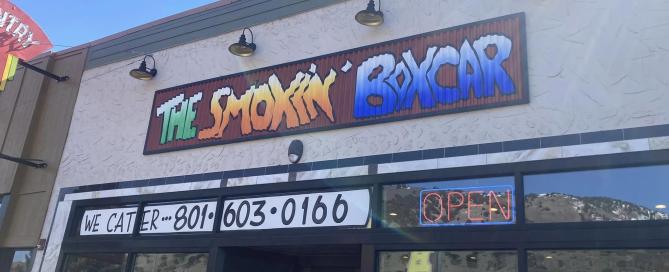The Smokin Boxcar exterior shot of the store front.